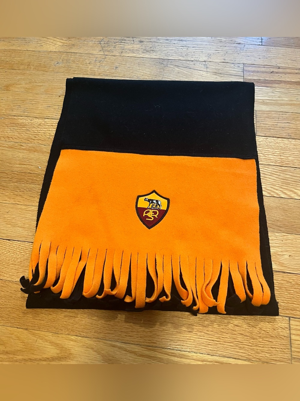 Diadora AS Roma Soccer Scarf- Orange & Black Fleece with Crest and Fringe